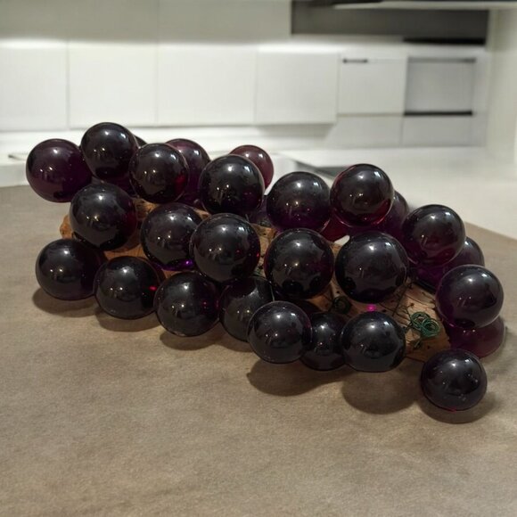 Mid-Century Modern Purple Lucite Grape Cluster with Driftwood Stem Collectible C